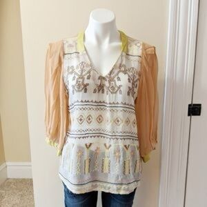 Anthropologie Embroidered Tan and Yellow 3/4 Sleeve Blouse